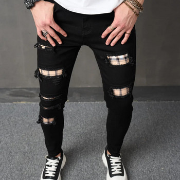 Ανδρικά νέα Streetwear Ripped Patch Λεπτό τζιν παντελόνι Κομψό ανδρικό τζιν παντελόνι με τρύπες