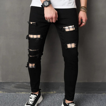 Ανδρικά νέα Streetwear Ripped Patch Λεπτό τζιν παντελόνι Κομψό ανδρικό τζιν παντελόνι με τρύπες