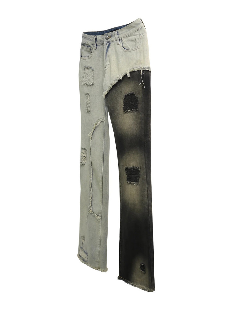 Pán Black, avantgardný a špičkový dizajn, heterochromatické šitie, otrhané žobrácke nohavice s mierne volánikovými okrajmi a