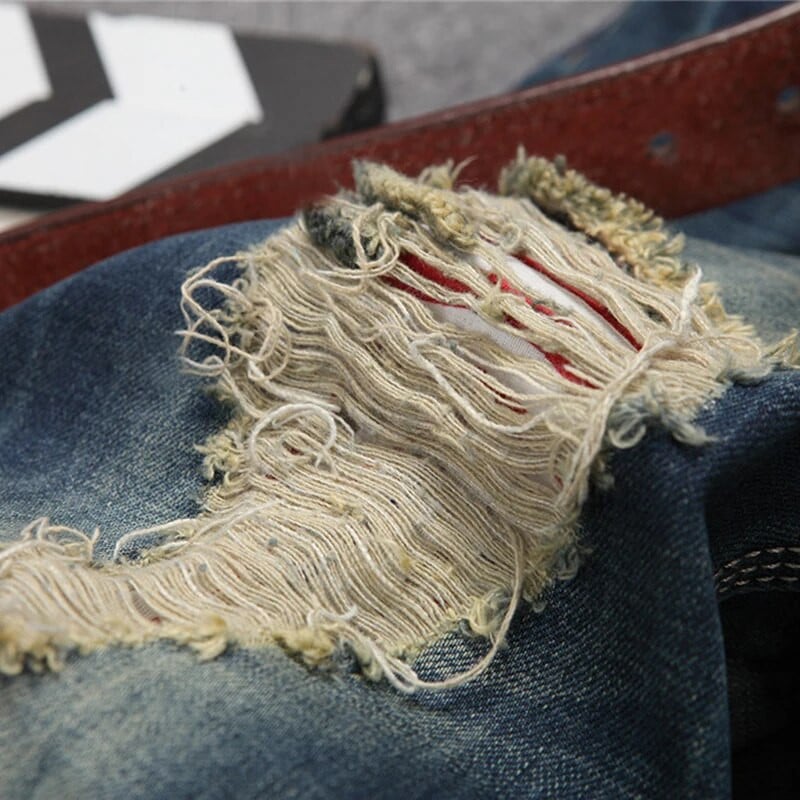 Nové pánske roztrhané džínsové nohavice, módne ležérne pánske džínsy, slim úzke ceruzkové nohavice, vintage tmavo modré džínsy