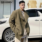 LUZHEN 2024 Trendy nový elegantný kockovaný voľný ležérny sako pánsky vlnený kórejský módny kabát luxusné originálne oblečenie 44802d