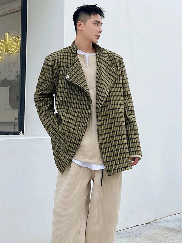 LUZHEN 2024 Trendy nový elegantný kockovaný voľný ležérny sako pánsky vlnený kórejský módny kabát luxusné originálne oblečenie 44802d