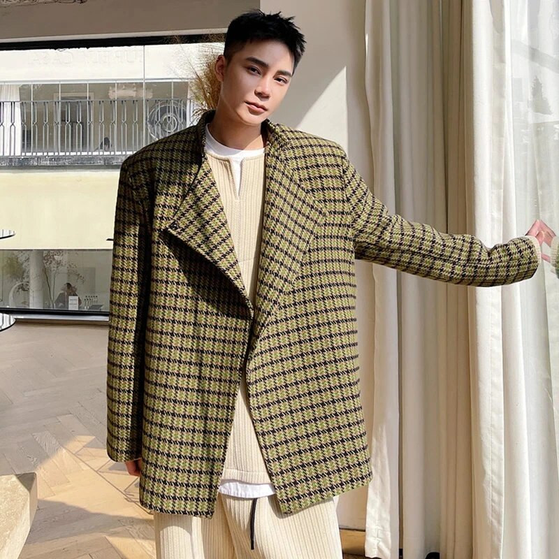 LUZHEN 2024 Trendy nový elegantný kockovaný voľný ležérny sako pánsky vlnený kórejský módny kabát luxusné originálne oblečenie 44802d