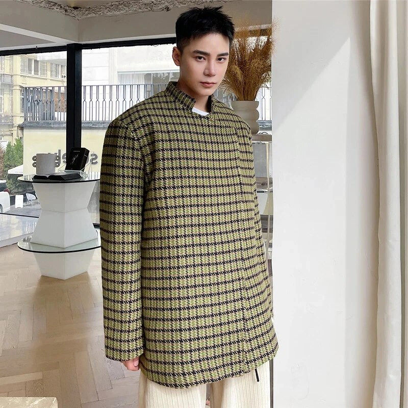 LUZHEN 2024 Trendy nový elegantný kockovaný voľný ležérny sako pánsky vlnený kórejský módny kabát luxusné originálne oblečenie 44802d