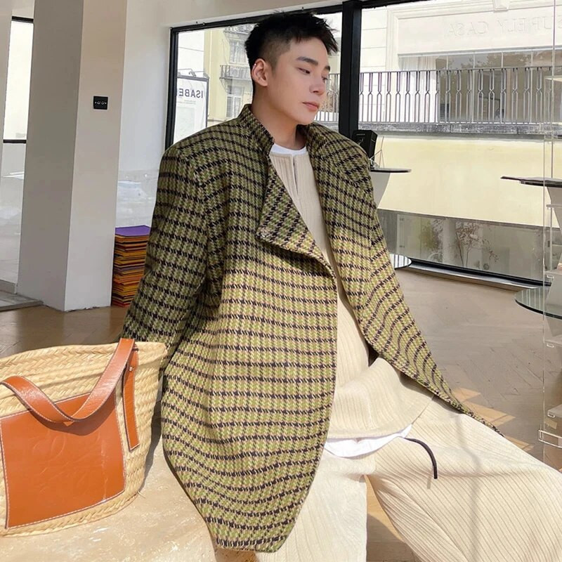 LUZHEN 2024 Trendy nový elegantný kockovaný voľný ležérny sako pánsky vlnený kórejský módny kabát luxusné originálne oblečenie 44802d