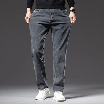 Плюс размер 40 42 44 Нови есенни мъжки синьо-сиви дънки с прави крачоли Бизнес ежедневни памучни еластични дънкови панталони Мъжка марка