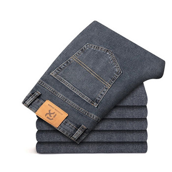 Плюс размер 40 42 44 Нови есенни мъжки синьо-сиви дънки с прави крачоли Бизнес ежедневни памучни еластични дънкови панталони Мъжка марка