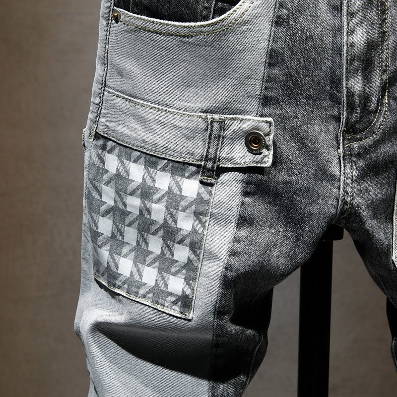 Nouă primăvară toamnă stil coreean Cargo Kpop Designer Streetwear anii 90 subțire cowboy gri Stretch ținută de lucru splice pantaloni lungi bărbat