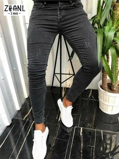 Pánske nohavice, nebesky modré úzke džínsy, pánske škrabance, strečové, ležérne, slim fit džínsové ceruzkové nohavice, pánske čisto farebné elastické džínsy, streetwear