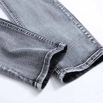Мъжки сиви дънки Тънки прави дълги панталони Деним Универсални еластични ежедневни облекла Панталони за четири сезона Голям размер 40 42