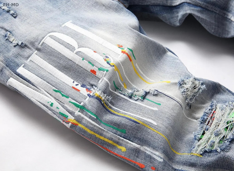 Bărbați la modă, blugi brodați distinctivi, marca de modă americană, pantaloni elastici cu imprimare în culori deschise, cusături pictate, curcubeu
