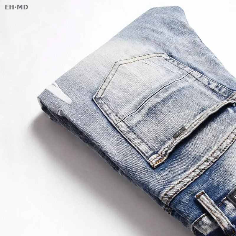 Bărbați la modă, blugi brodați distinctivi, marca de modă americană, pantaloni elastici cu imprimare în culori deschise, cusături pictate, curcubeu