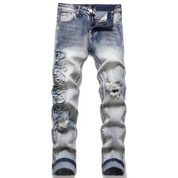 EH·MD® Дънки с бродирани звезди Мъжки кожени памучни тънки панталони с микроканален шев с висока еластичност 3D High Street Gradient Art23