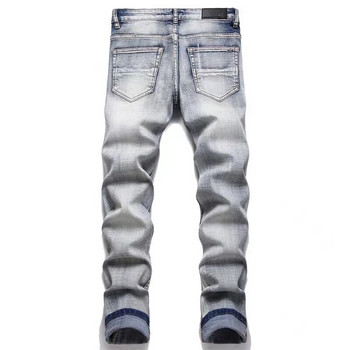 EH·MD® Дънки с бродирани звезди Мъжки кожени памучни тънки панталони с микроканален шев с висока еластичност 3D High Street Gradient Art23