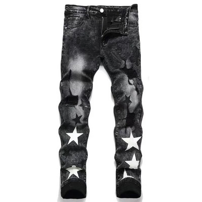 EH·MD® Blugi brodați cu stele Piele pentru bărbați Cusături micro-canal Bumbac Pantaloni subțiri cu elasticitate ridicată 3D High Street Gradient Art23