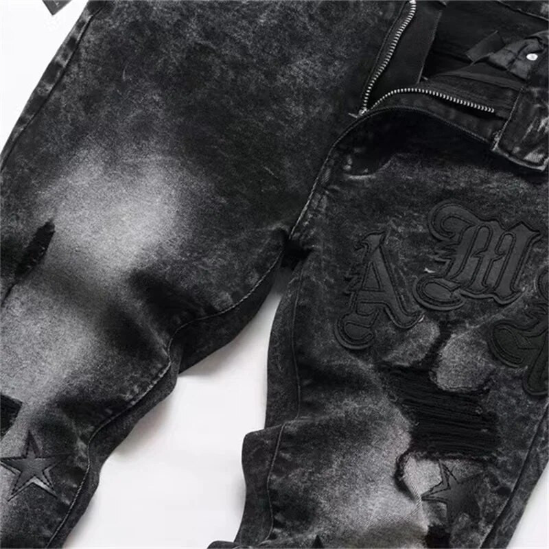 EH·MD® Star Tikitud Teksad Meeste Nahast Mikrokanaliga õmblusega Puuvillane Kõrgelt venivad õhukesed püksid 3D High Street Gradient Art23