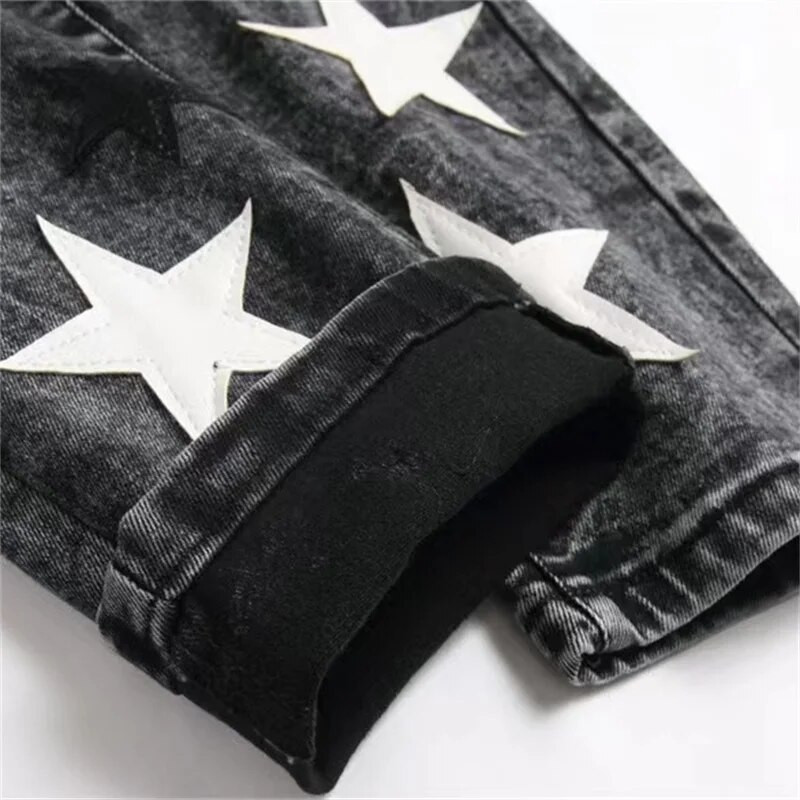 EH·MD® Star Tikitud Teksad Meeste Nahast Mikrokanaliga õmblusega Puuvillane Kõrgelt venivad õhukesed püksid 3D High Street Gradient Art23