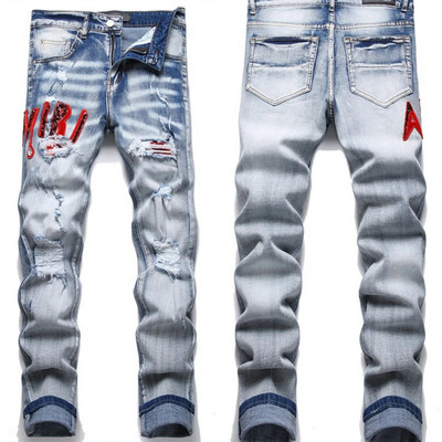 Κεντημένο στο χέρι τζιν ανδρικό μοτίβο προσωπικότητας Βαμβακερό ψηλό ελαστικό λεπτό παντελόνι 3D High Street Wash Hole Skull 4