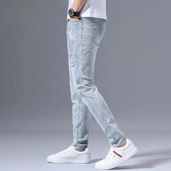Μόδα 2022 Stretch Jeans Ανδρικά Ανοιξιάτικα Ανοιξιάτικα φθινοπωρινά σχισμένα ρετρό κέντημα με ζεστό τρυπάνι Λεπτό μικρό ποδαράκι Μπλε ευέλικτο μακρύ παντελόνι