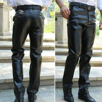 Пролетно-есенни мъжки панталони с джобове Едноцветен панталон от изкуствена кожа с висока талия и затваряне с цип Еластични модни мъжки панталони