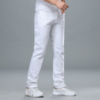 Мъжки стандартни бели дънки в класически стил, бизнес модни дънкови усъвършенствани еластични памучни панталони, мъжки маркови панталони
