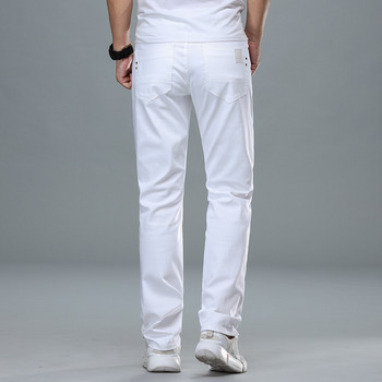 Мъжки стандартни бели дънки в класически стил, бизнес модни дънкови усъвършенствани еластични памучни панталони, мъжки маркови панталони