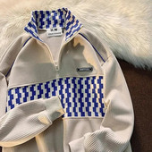 Primăvară toamnă mozaic modă carouri Y2K hanorace bărbat jumătate fermoar Harajuku pulover Topuri supradimensionate șic Streetwear haine masculine