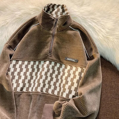 Primăvară toamnă mozaic modă carouri Y2K hanorace bărbat jumătate fermoar Harajuku pulover Topuri supradimensionate șic Streetwear haine masculine
