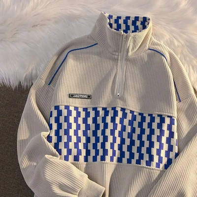 Primăvară toamnă mozaic modă carouri Y2K hanorace bărbat jumătate fermoar Harajuku pulover Topuri supradimensionate șic Streetwear haine masculine