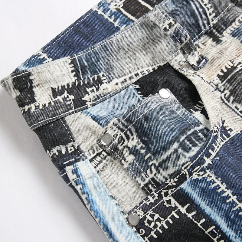 Bărbați Patch-uri Blugi Stretch Imprimați Pantaloni Denim Vopsiți Colorați Moda Pantaloni Drepți Subțiri