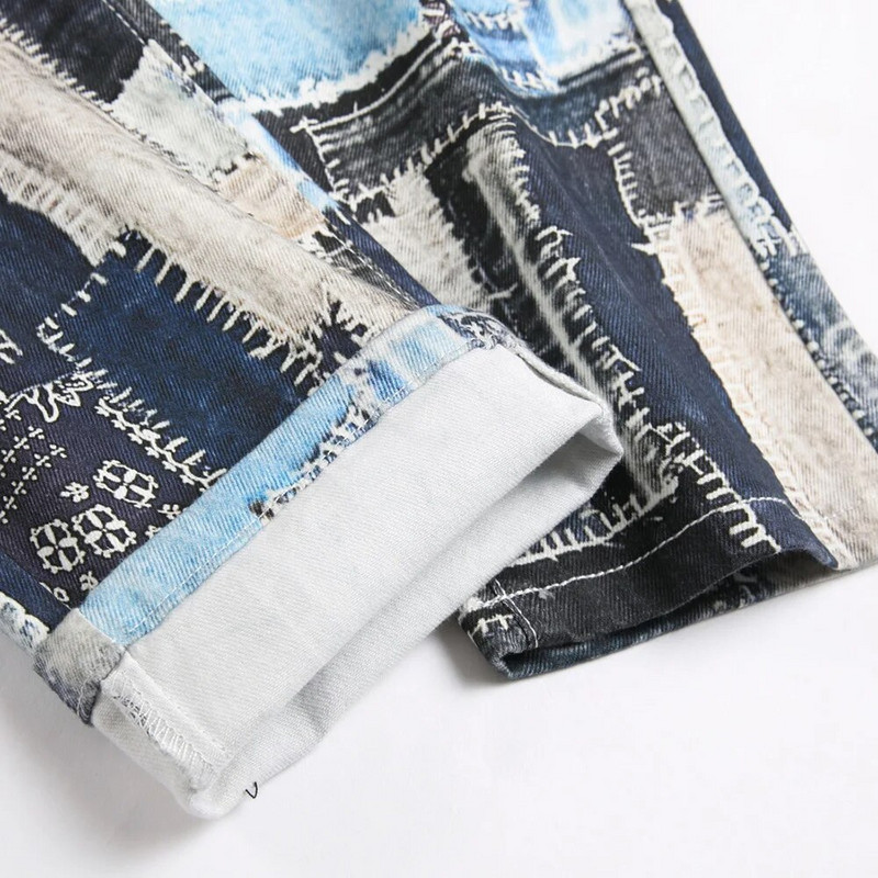 Bărbați Patch-uri Blugi Stretch Imprimați Pantaloni Denim Vopsiți Colorați Moda Pantaloni Drepți Subțiri