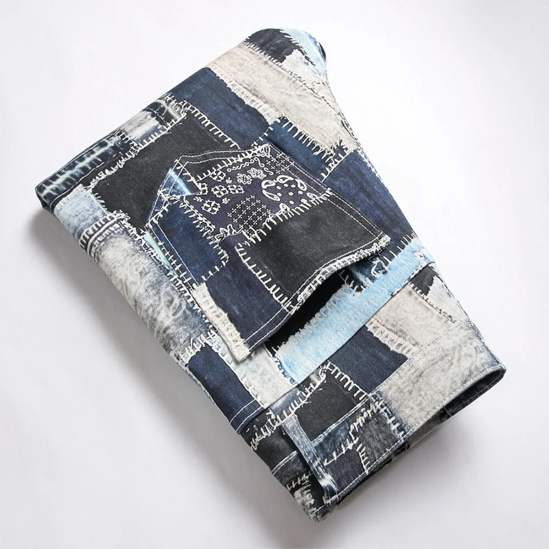 Bărbați Patch-uri Blugi Stretch Imprimați Pantaloni Denim Vopsiți Colorați Moda Pantaloni Drepți Subțiri