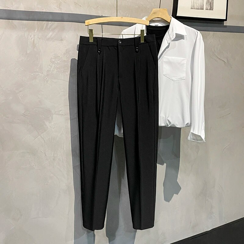 Pánske nohavice na jar a leto 2023, ležérne, klasické, kórejské, úzke, tenké, skladané, biele