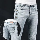 Blugi subțiri și skinny pentru bărbați, nou elastic, design coreean, cu mai mulți nasturi, alb, albastru, vintage, spălat, pantaloni din denim stretch Pantaloni