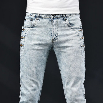 Тънки тесни дънки Мъжки нов еластичен корейски дизайн Модни сини бели ретро изпрани панталони с еластични дънкови панталони с много копчета
