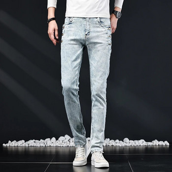 Тънки тесни дънки Мъжки нов еластичен корейски дизайн Модни сини бели ретро изпрани панталони с еластични дънкови панталони с много копчета