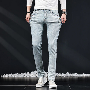 Slim Skinny Jeans Ανδρικό Νέο ελαστικό Κορεάτικο Σχέδιο Μόδα με πολλά κουμπιά Μπλε Λευκό Vintage Wash Βαμβακερό Stretch Παντελόνι Τζιν