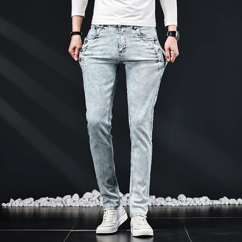 Blugi subțiri și skinny pentru bărbați, nou elastic, design coreean, cu mai mulți nasturi, alb, albastru, vintage, spălat, pantaloni din denim stretch Pantaloni