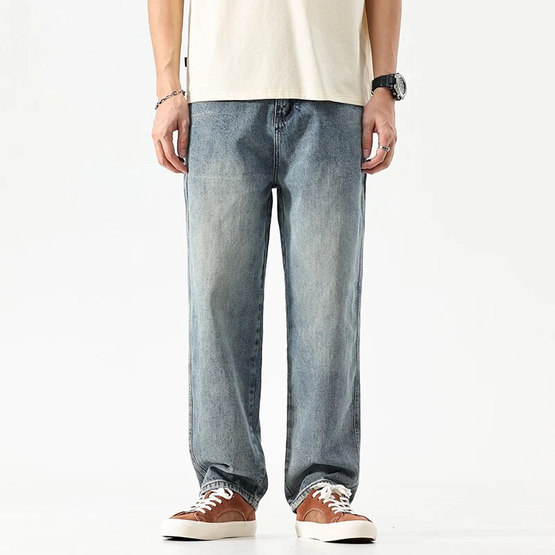 Laia säärega teksad Meeste kottis püksid Oversize teksad lahtised Helesinised tänavarõivad Meeste riided Denimpüksid Meeste vabaaja püksid