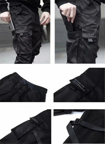 Хип-хоп момчешки спортни панталони с еластична талия Харем панталон Мъжки панталони с пънк панделки с дизайн на панталони Мъжки черни панталони с джобове Джогери