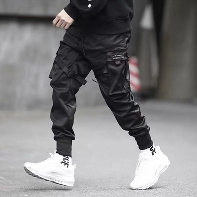 Pantaloni hip hop pentru băiat, pantaloni harem cu talie elastică pentru bărbați, îmbrăcăminte de stradă, panglici punk, pantaloni cu design pentru bărbați, buzunare pentru pantaloni negri, pantaloni de jogging