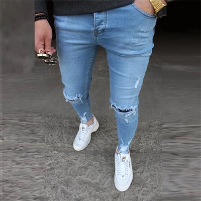 Pánske elastické roztrhané úzke motorkárske džínsy s čistou farbou, poškriabané, zničené, prešité, slim fit džínsy s vysokou kvalitou, hip hopové džínsy