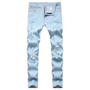 Ανδρικά High street Stylish Skinny Pencil Jeans Ανδρικά μονόχρωμα Slim Holes Παντελόνι τζιν απλό στυλ
