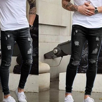 Bărbați High street, stilați, rupti, blugi creion, bărbați, culoare uni, găuri subțiri, stil simplu, pantaloni casual din denim