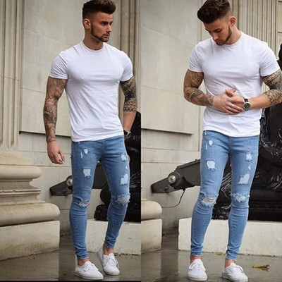 Bărbați High street, stilați, rupti, blugi creion, bărbați, culoare uni, găuri subțiri, stil simplu, pantaloni casual din denim