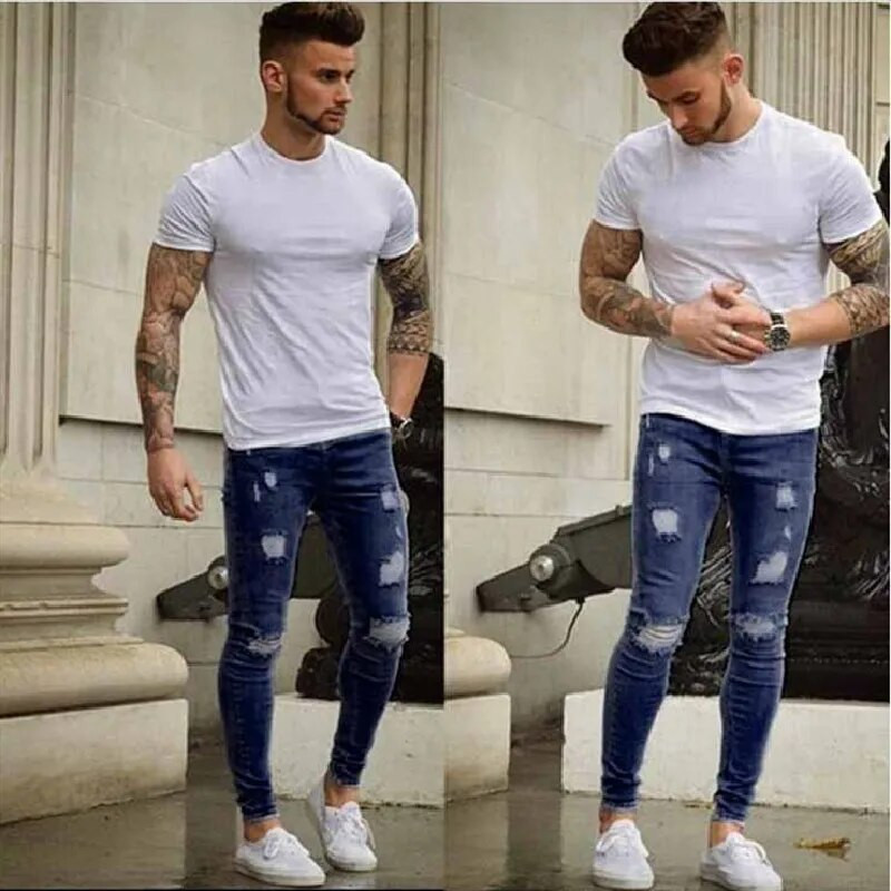 Ανδρικά High street Stylish Skinny Pencil Jeans Ανδρικά μονόχρωμα Slim Holes Παντελόνι τζιν απλό στυλ