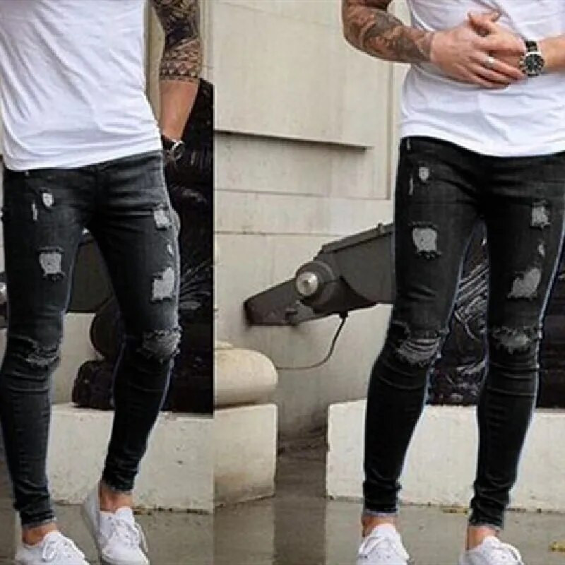 Ανδρικά High street Stylish Skinny Pencil Jeans Ανδρικά μονόχρωμα Slim Holes Παντελόνι τζιν απλό στυλ