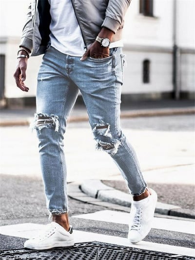 Világoskék Skinny Jeans férfi Streetwear Destroyed szakadt farmer Homme Hip Hop Broken modis férfi Ceruza Motoros Hollow Out Jean Pants