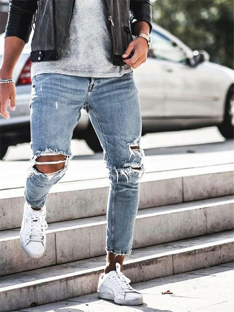 Šviesiai mėlyni Skinny Jeans Vyriški gatvės drabužiai Sunaikinti plėšyti džinsai Homme Hip Hop Broken modis vyriškas Pieštukas Biker Hollow Out Jean Pants