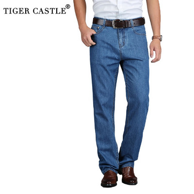 TIGER CASTLE 100% βαμβάκι καλοκαιρινό ανδρικό κλασικό μπλε τζιν παντελόνι ίσιο μακρύ τζιν Ανδρικό ελαφρύ τζιν ποιότητας μέσης ηλικίας